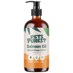 Huile saumon Pets Purest en bouteille, favorise pelage brillant et peau hydratée.