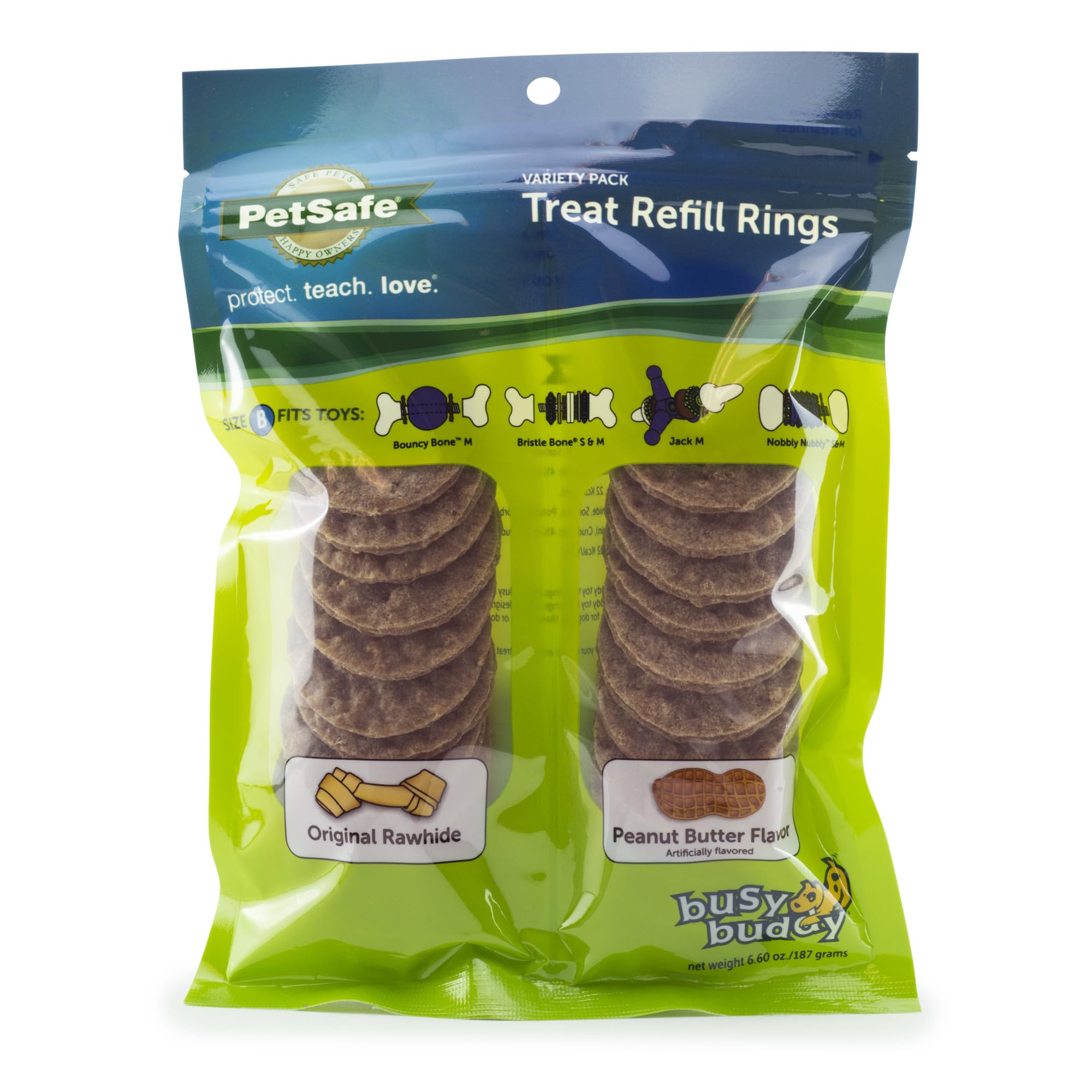 Anneaux PetSafe Busy Buddy en cuir brut variés, parfaits pour enrichissement et amusement.