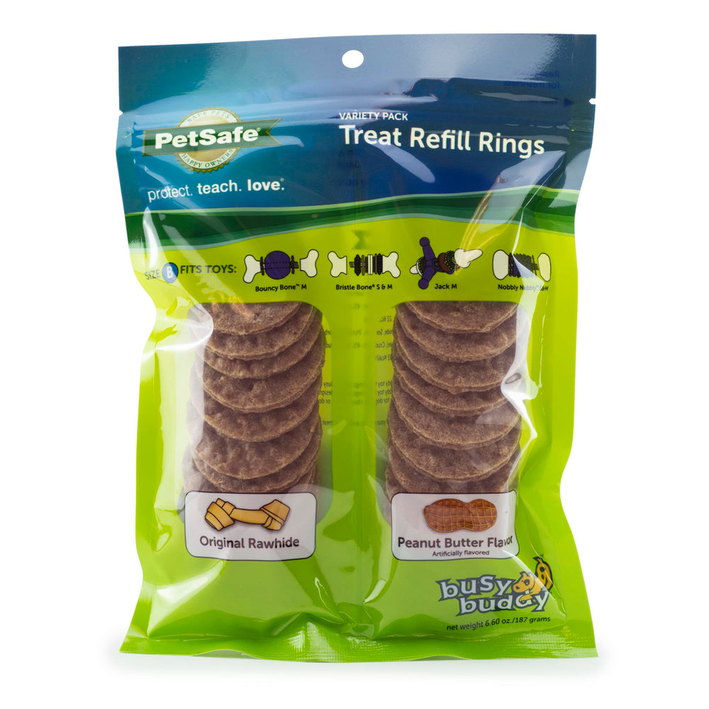 Anneaux PetSafe Busy Buddy en cuir brut variés, parfaits pour enrichissement et amusement.