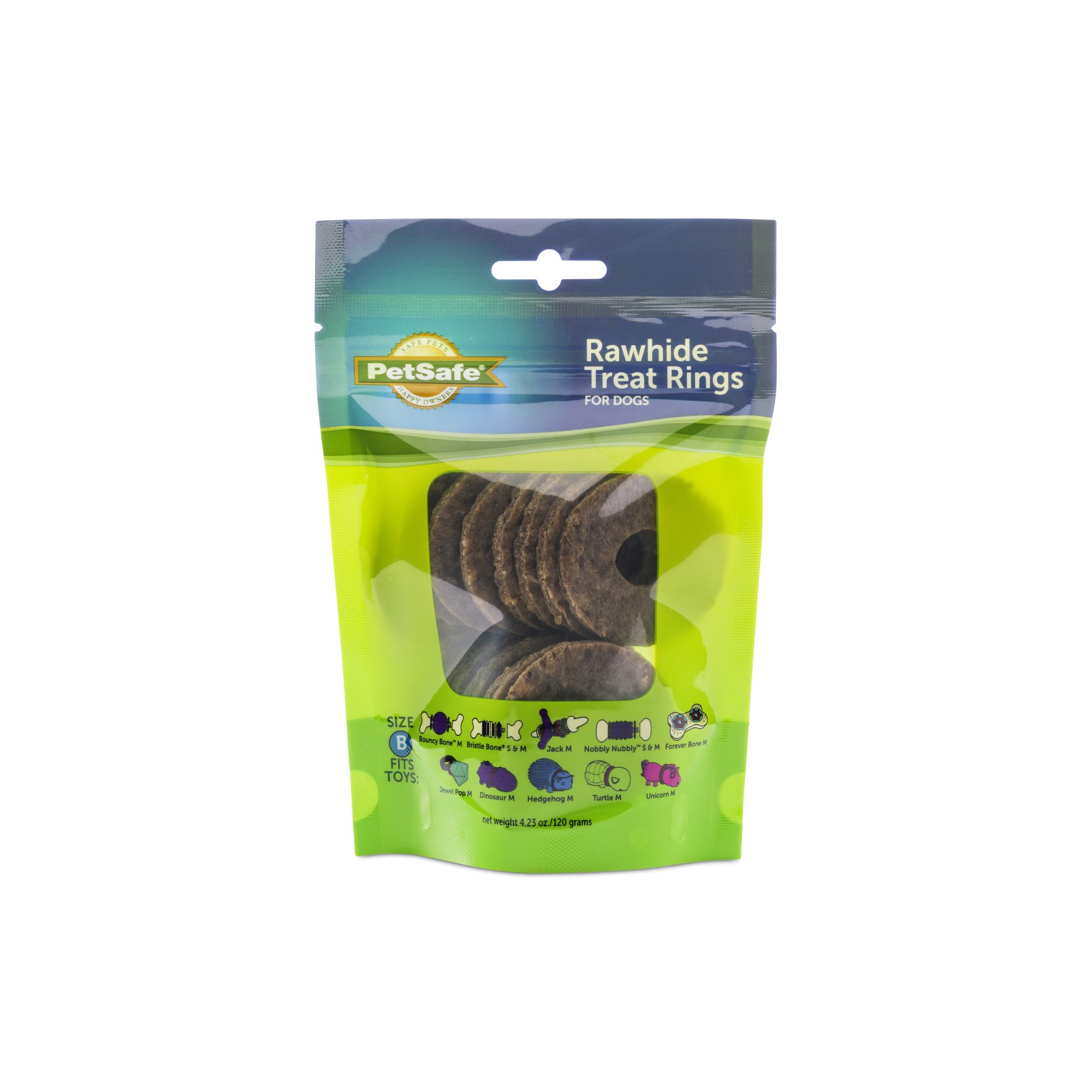 PetSafe Busy Buddy Anneaux Rawhide Naturels dans emballage refermable, pratique pour garder les friandises fraîches.