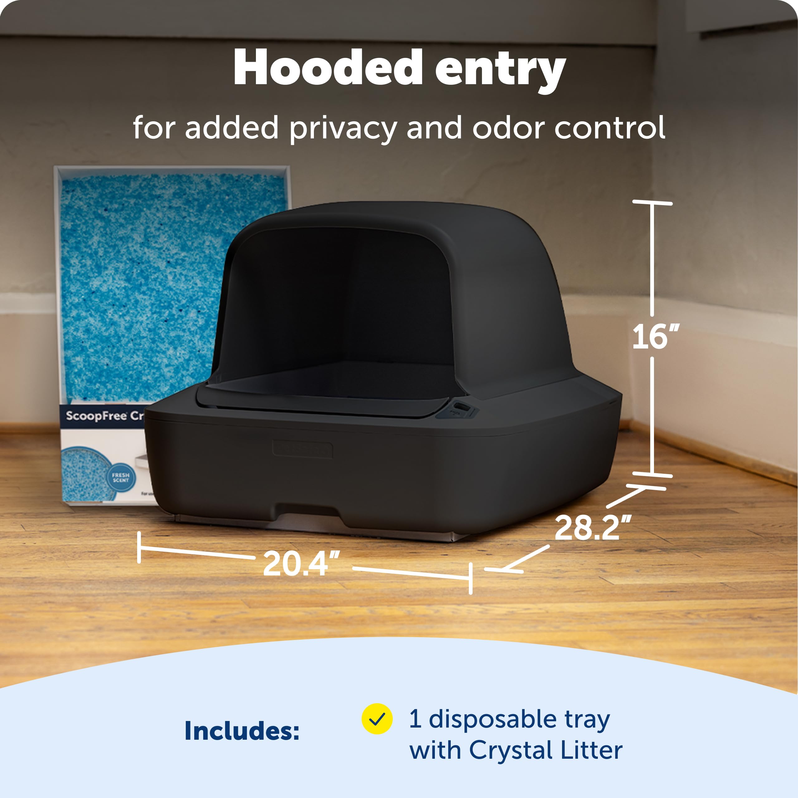 PetSafe ScoopFree Crystal Pro, râteau amovible pour maintenance rapide.