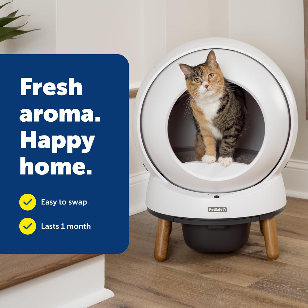 Désodorisant PetSafe ScoopFree SmartSpin utilisation facile pour neutraliser les odeurs.