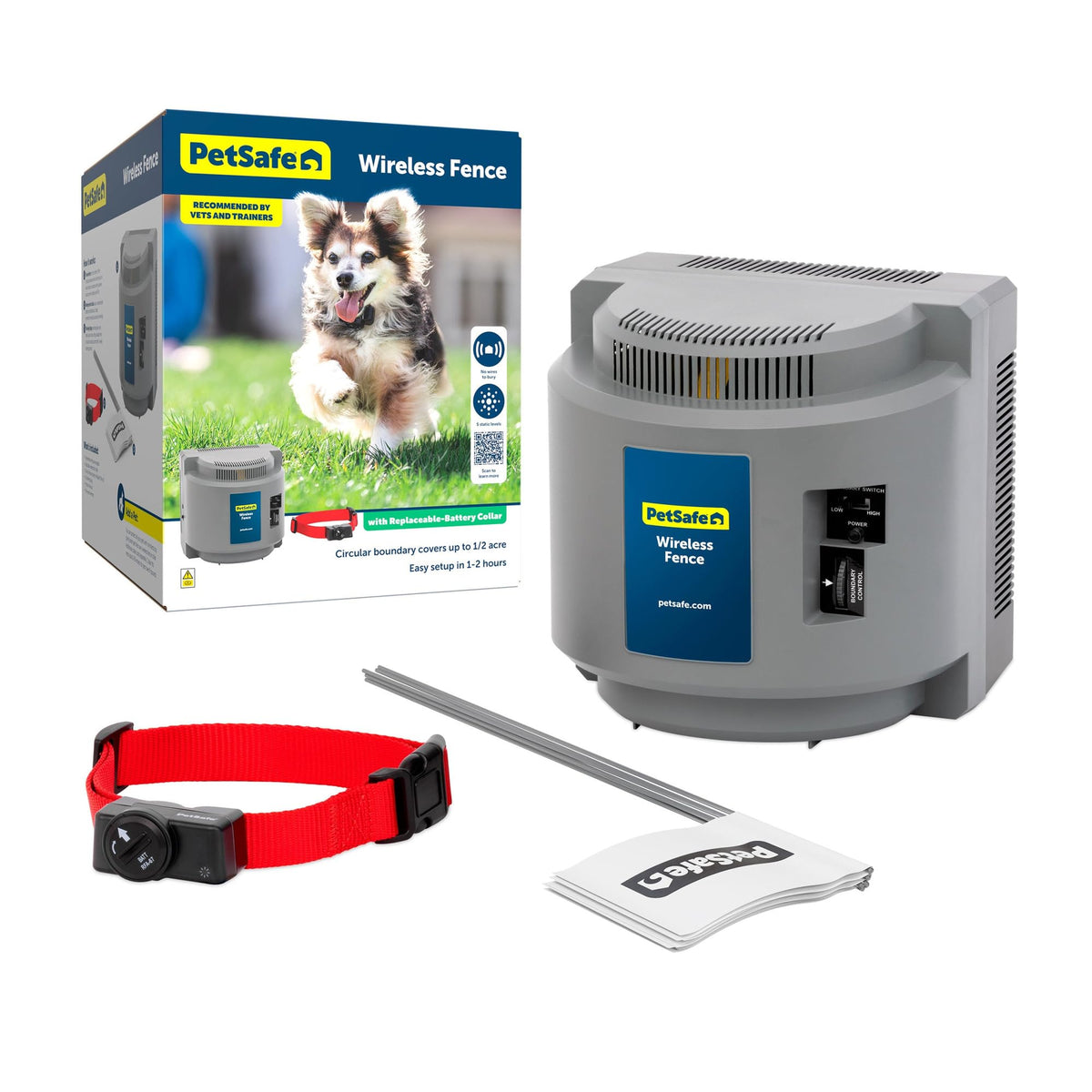 PetSafe système d’enceinte sans fil démontrant la couverture jusqu’à 0,5 acre pour chien.