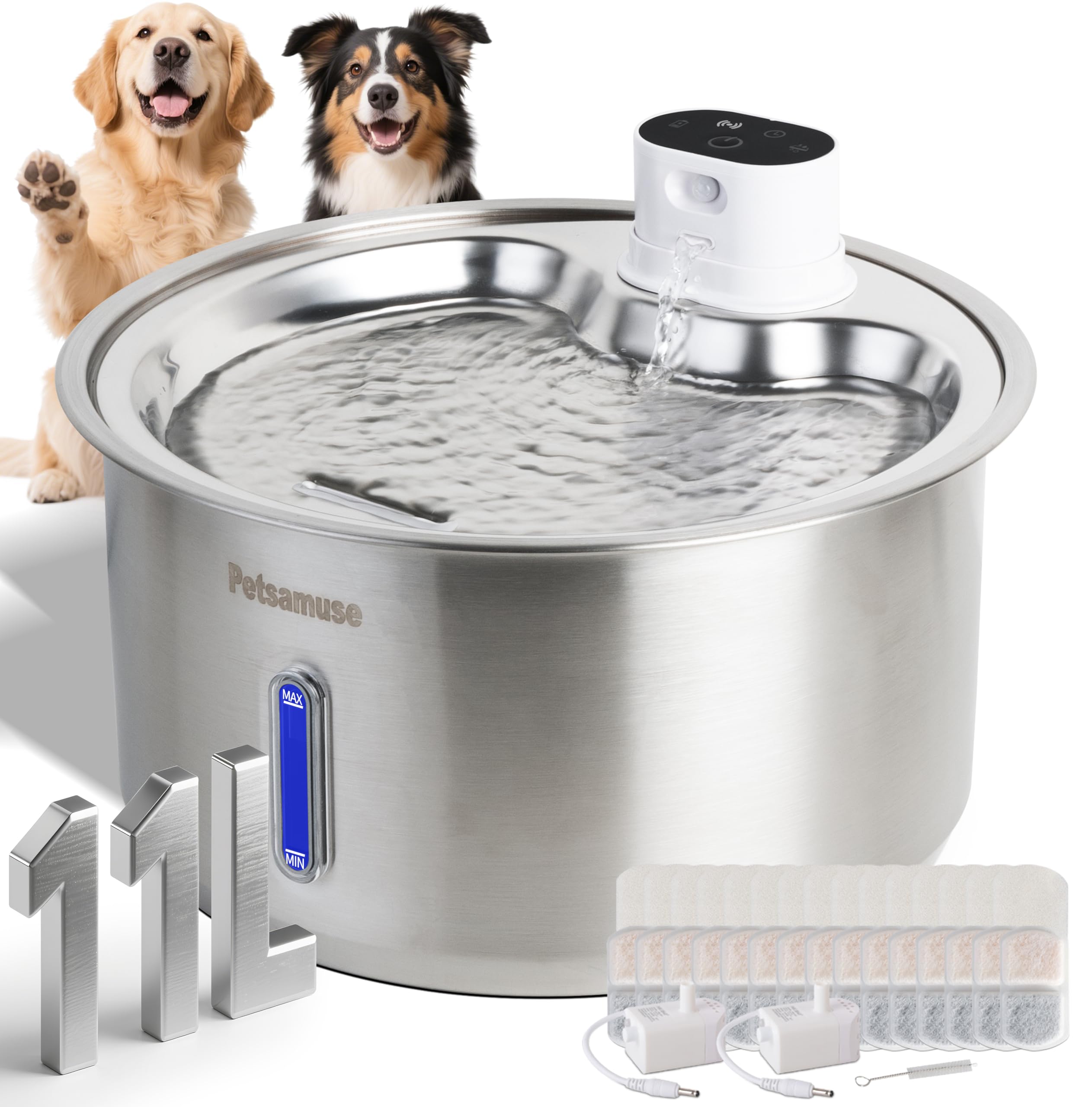 Fontaine Petsamuse 11L pour chiens et chats, hydratation longue durabilité.