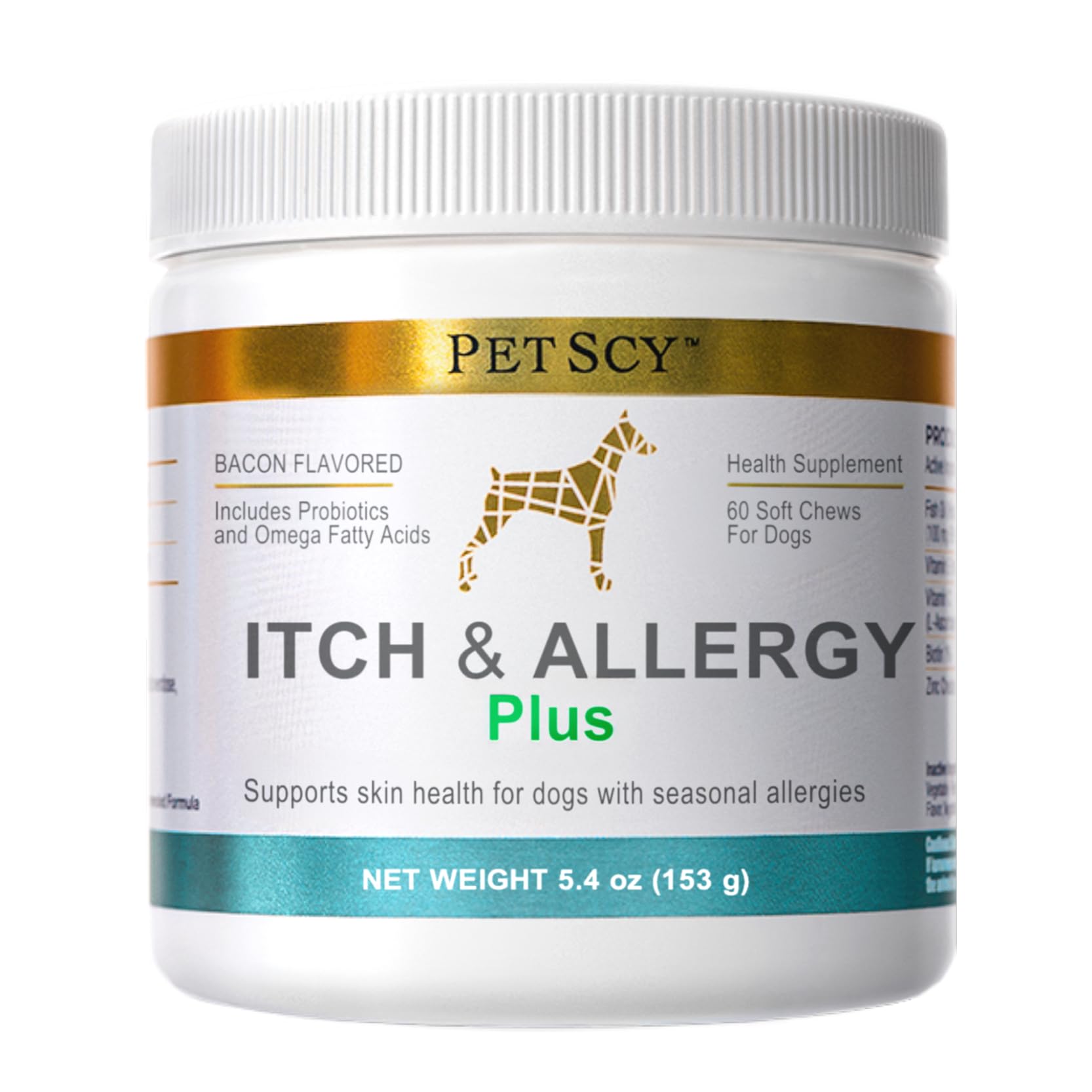 PetScy Itch & Allergy Plus : emballage chien, administration pratique.