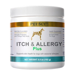 PetScy Itch & Allergy Plus : emballage chien, administration pratique.
