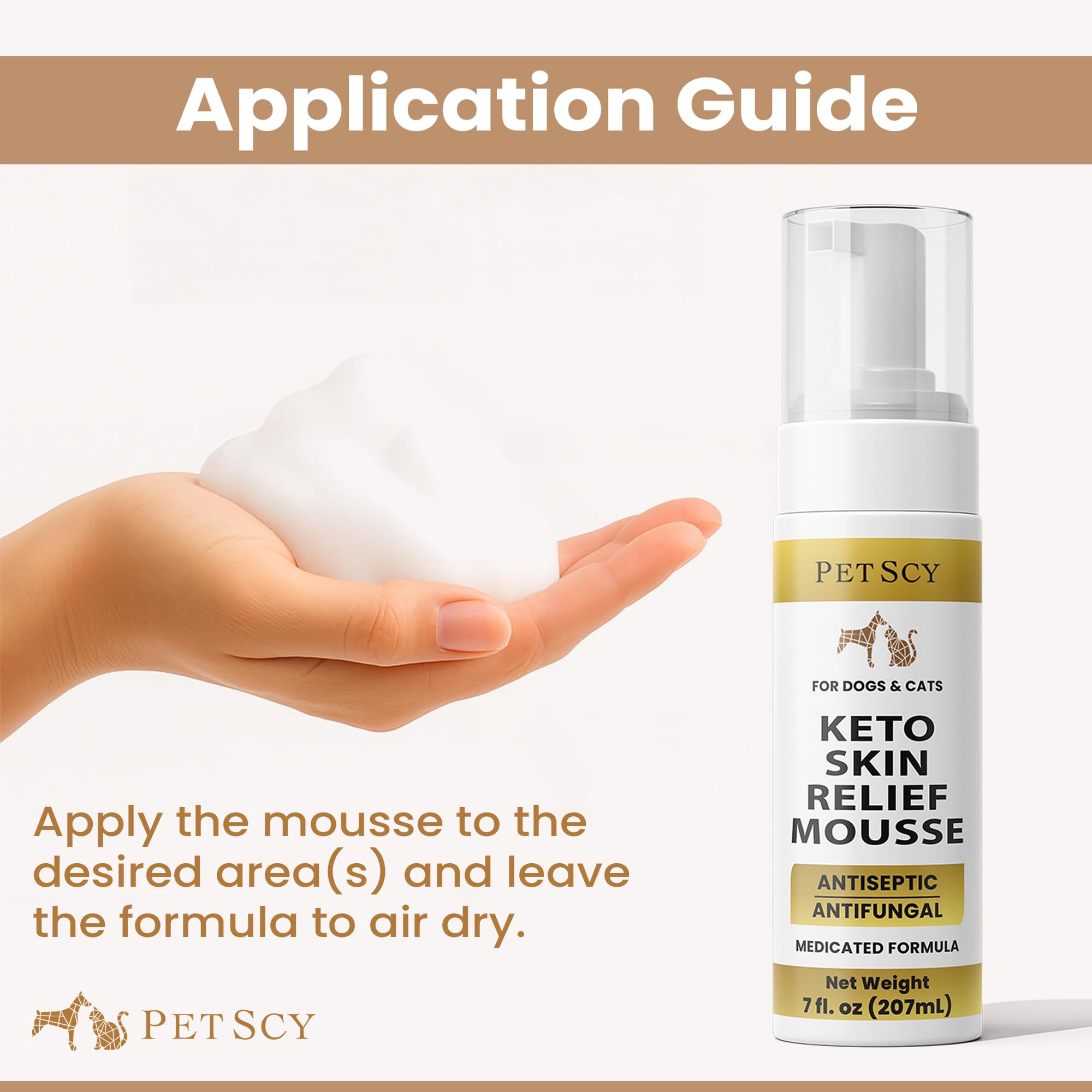 Sans rinçage, usage pratique quotidien avec Petscy Keto Skin Relief Mousse