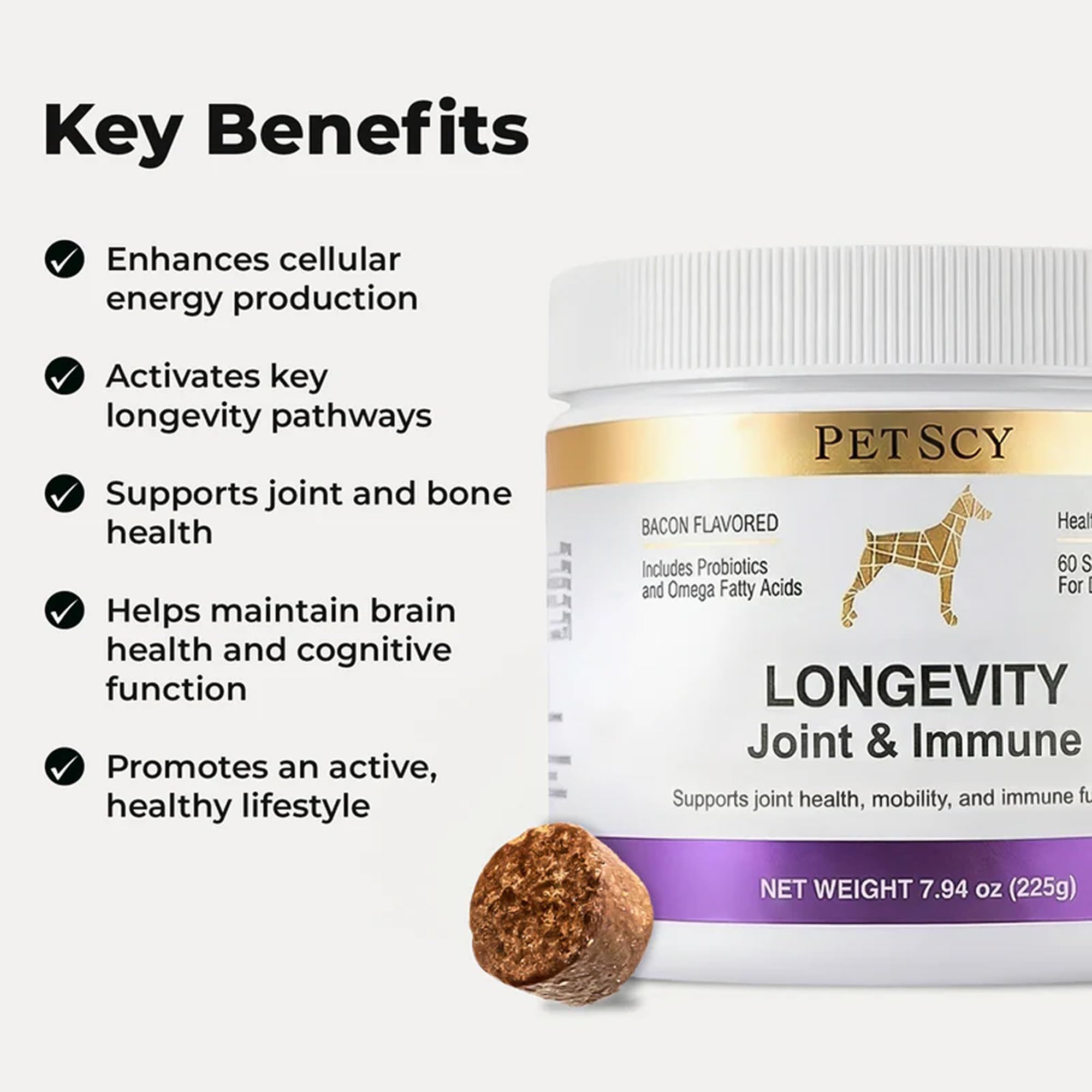 Friandise Petscy Longevity favorisant mobilité et flexibilité.
