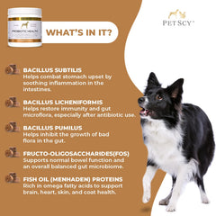 PetScy – pelage brillant grâce aux oméga-3 et probiotiques.