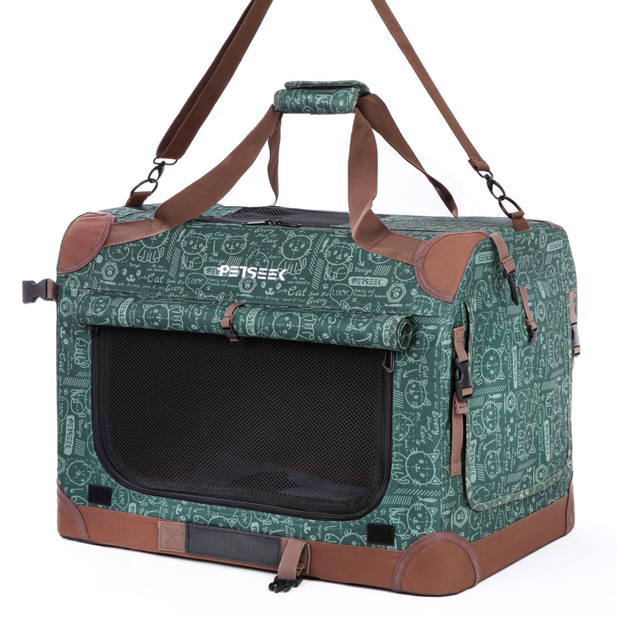 Petseek sac chat extra-large, vue avant, sécurité améliorée grâce à fermeture éclair.