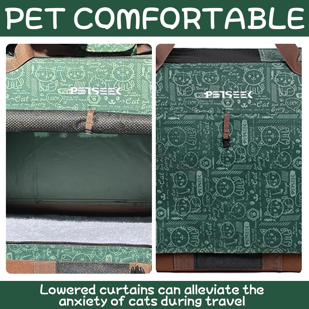 Petseek sac chat extra-large, vue côté droit, accessibilité et stabilité en déplacement.