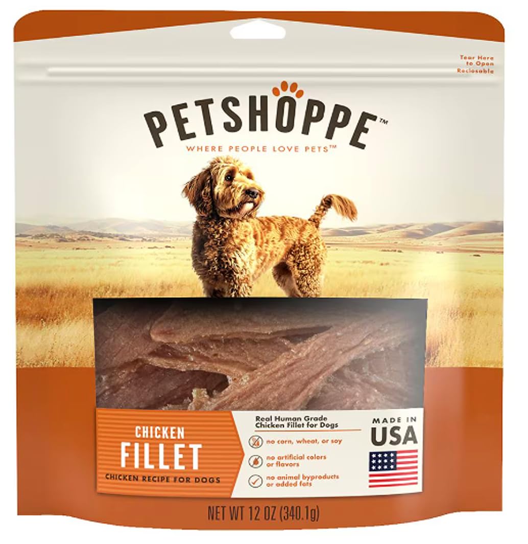PetShoppe Premium Chicken Fillet Treats – emballage 12oz, récompense pratique lors des sorties.