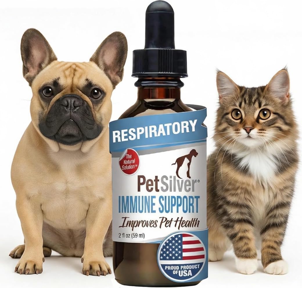PetSilver Immunité: bouteille montrée pour un soutien respiratoire potentiel chez chiens et chats