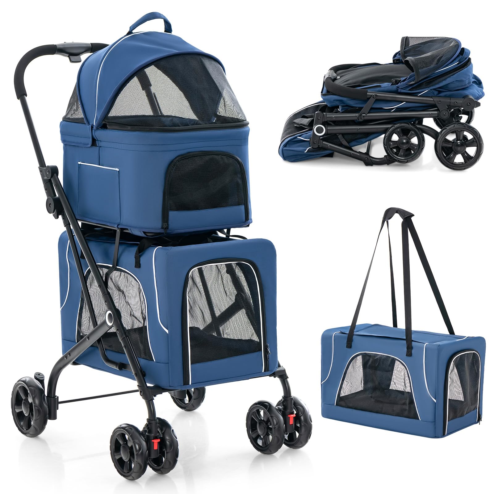 PETSITE Poussette double chiens chats bleue — confort et espace pour deux animaux.