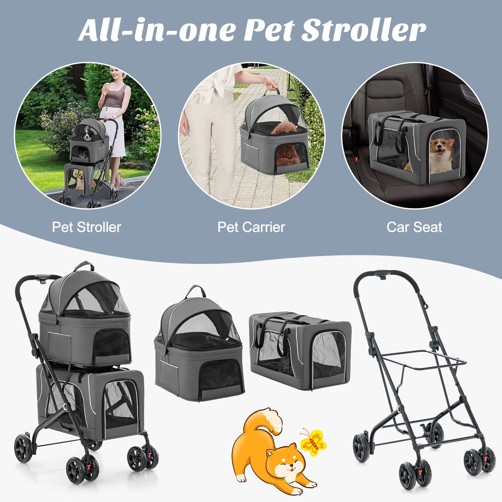 PETSITE Poussette Double – mailles ventilées pour le confort estival