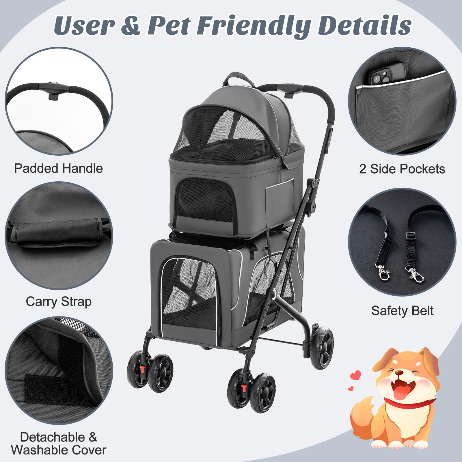 PETSITE Poussette Double – poches pratiques pour accessoires de sortie