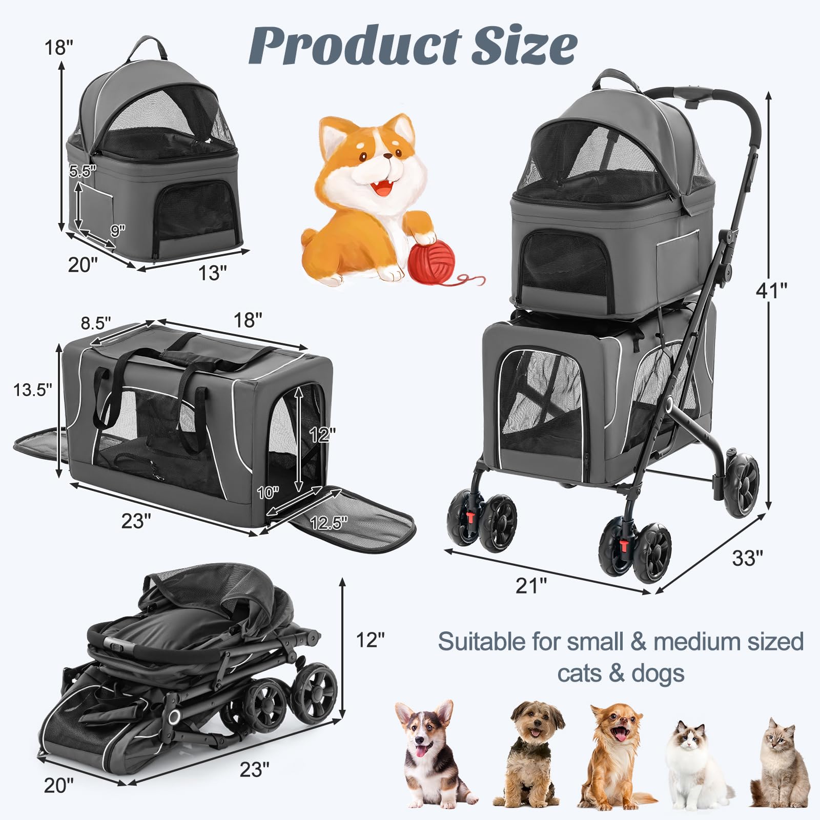 PETSITE Poussette Double – tissu Oxford durable et cadre métallique solide