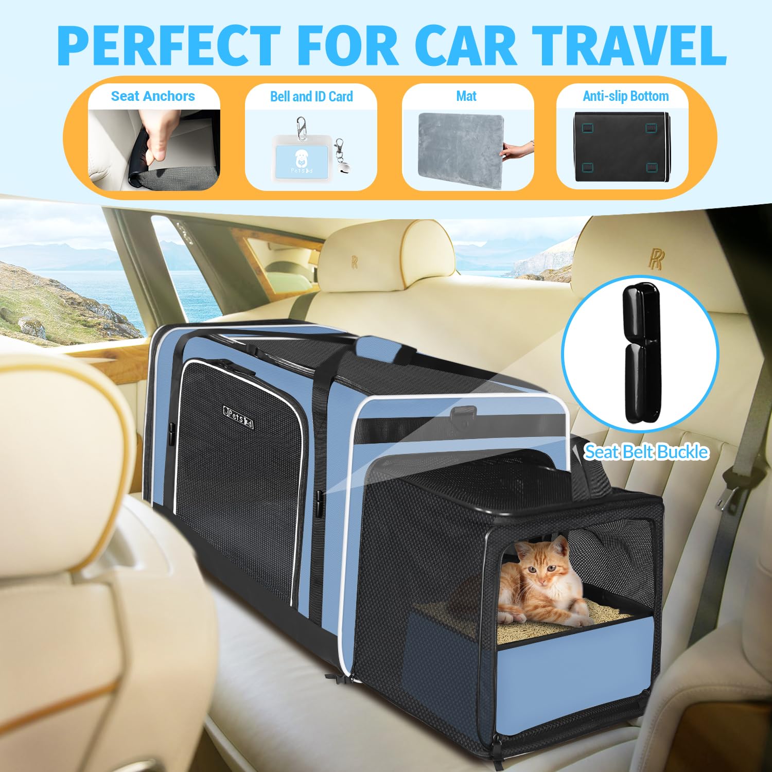 Petskd caisse chat XL bleu, extension pour plus d espace durant les trajets.