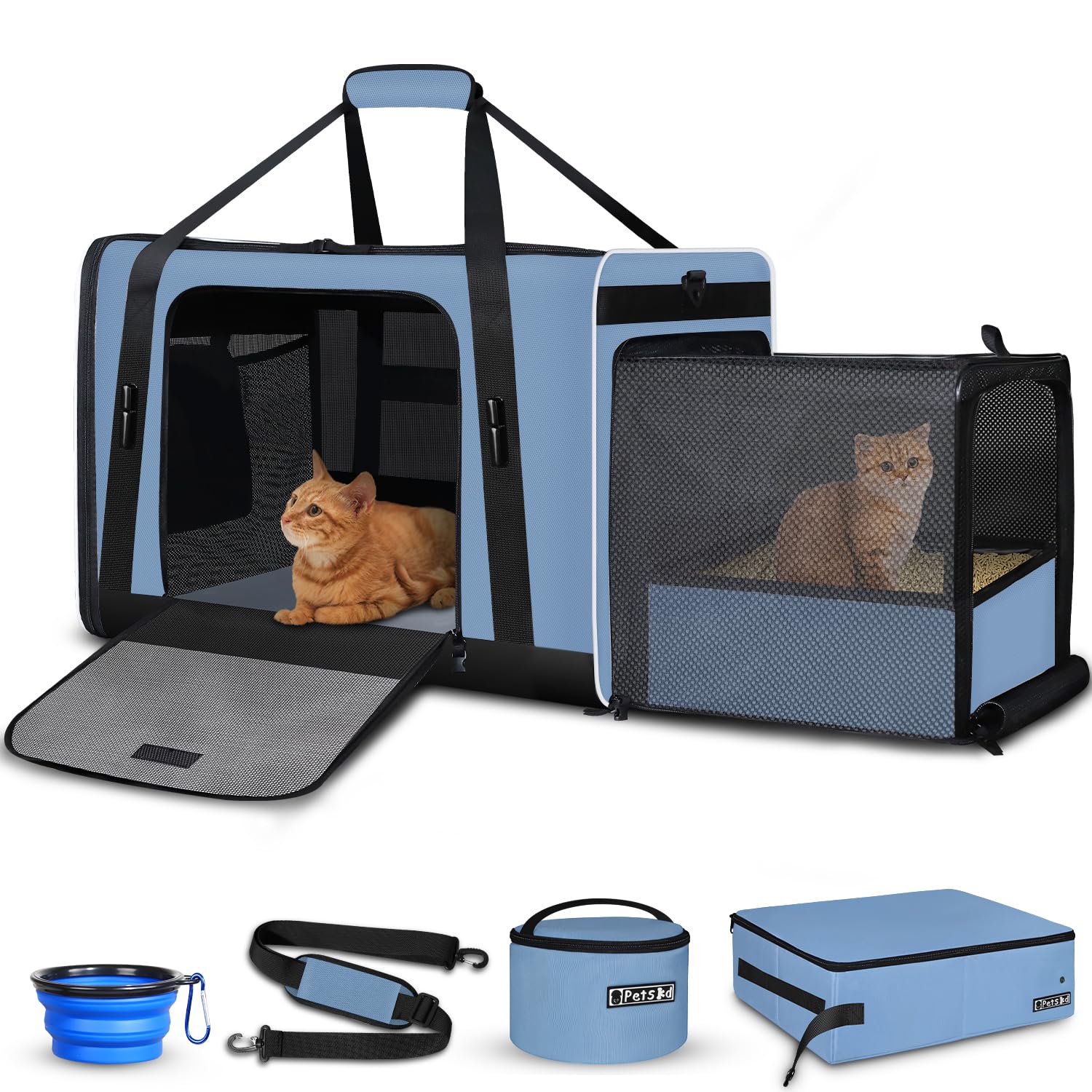 Petskd caisse de transport pour chat XL bleu, ouverture facile pour entrée et sortie.
