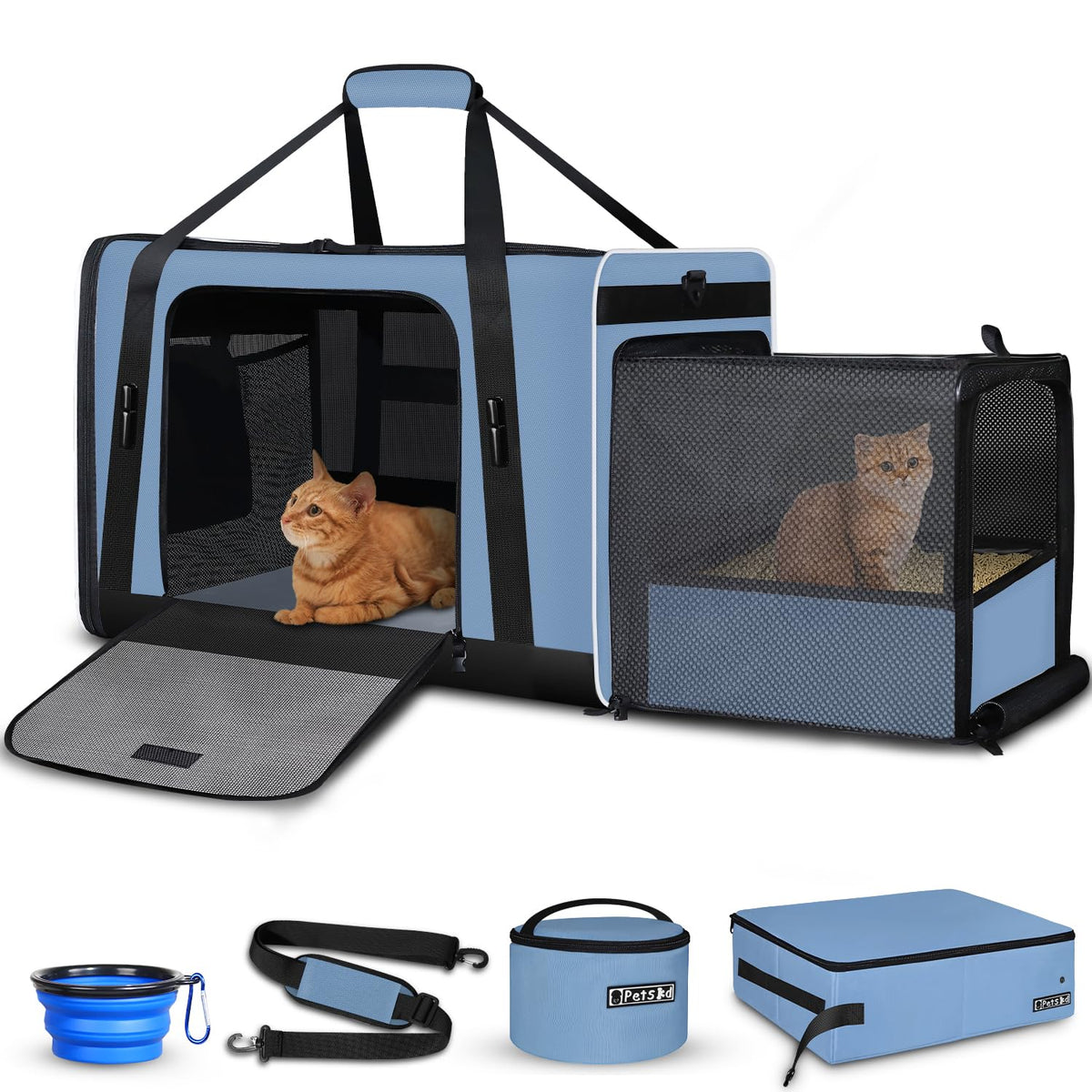 Petskd caisse de transport pour chat XL bleu, ouverture facile pour entrée et sortie.