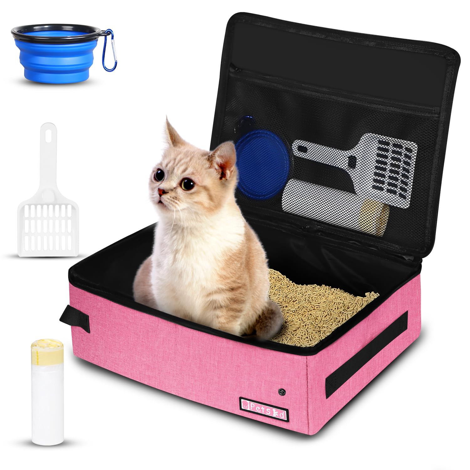 Petskd litière voyage chat rose avec couvercle, pratique pour trajets et propreté.