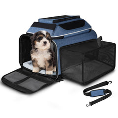 Petskd porte-animaux pliable bleu avant, idéal en cabine pour petit chien ou chat.