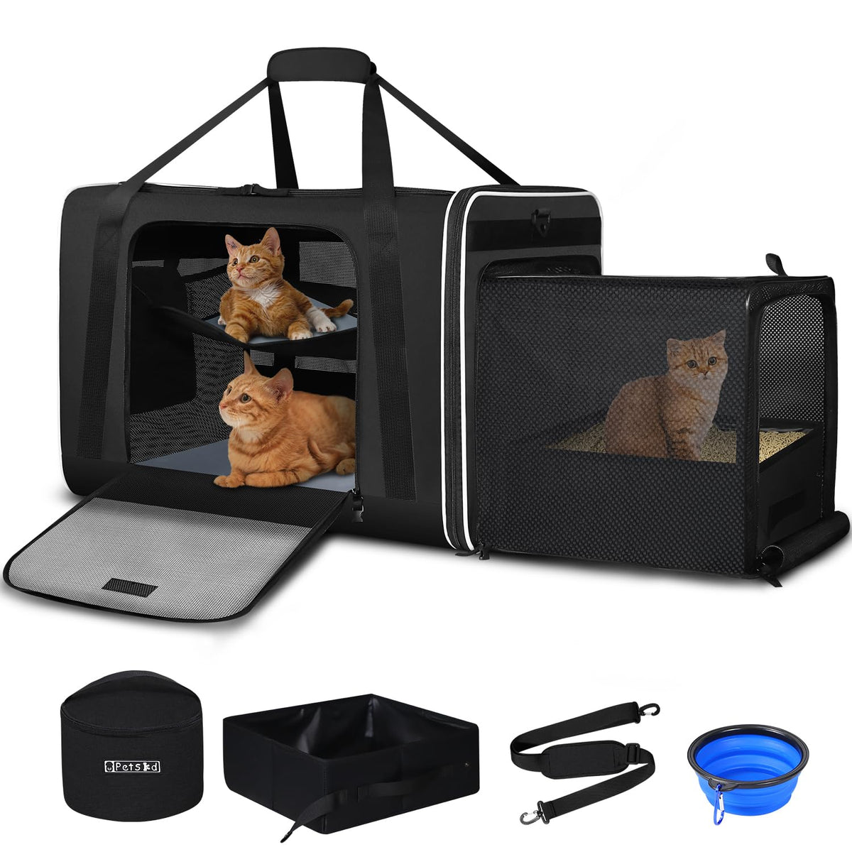Petskd porte-chat XL extensible montrant l'espace supplémentaire en voyage.