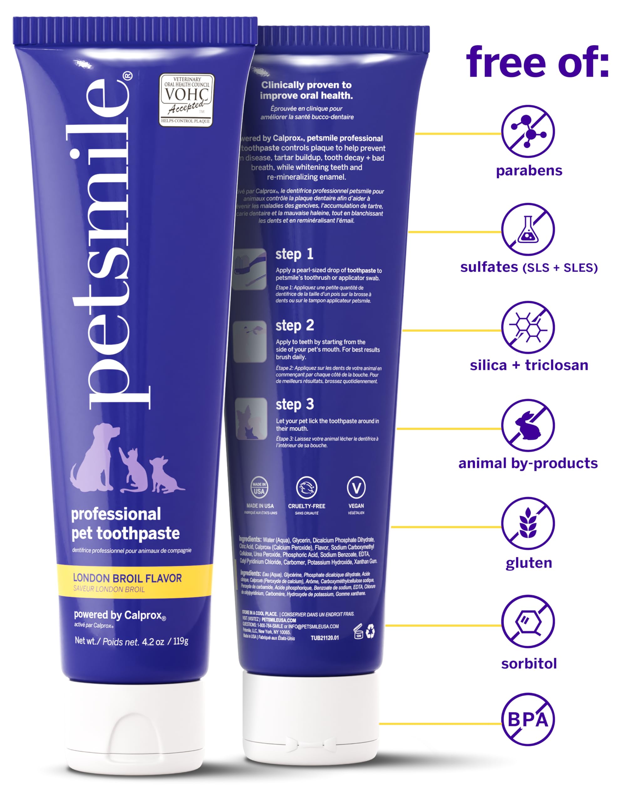 Petsmile goût agréable pour chats et chiens, encourage l'utilisation.