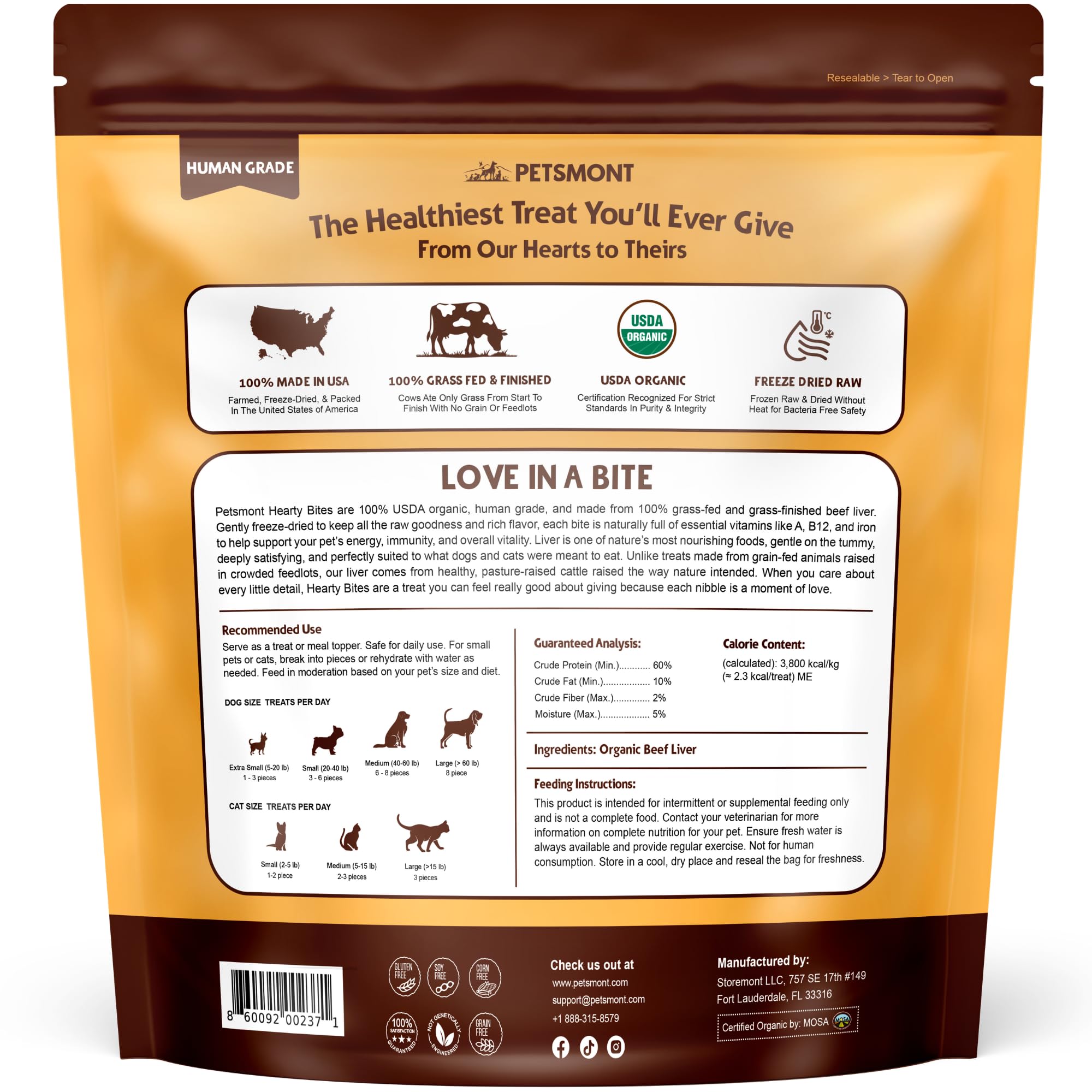 Petsmont Hearty Bites: odeur de foie frais, appétence naturelle pour chien et chat.