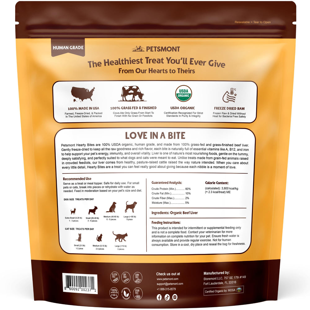 Petsmont Hearty Bites: odeur de foie frais, appétence naturelle pour chien et chat.