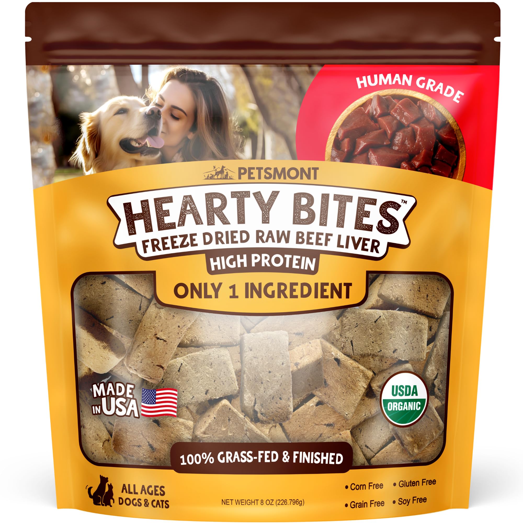 Petsmont Hearty Bites: cubes de foie de bœuf, friandise protéinée idéale pour récompenses.