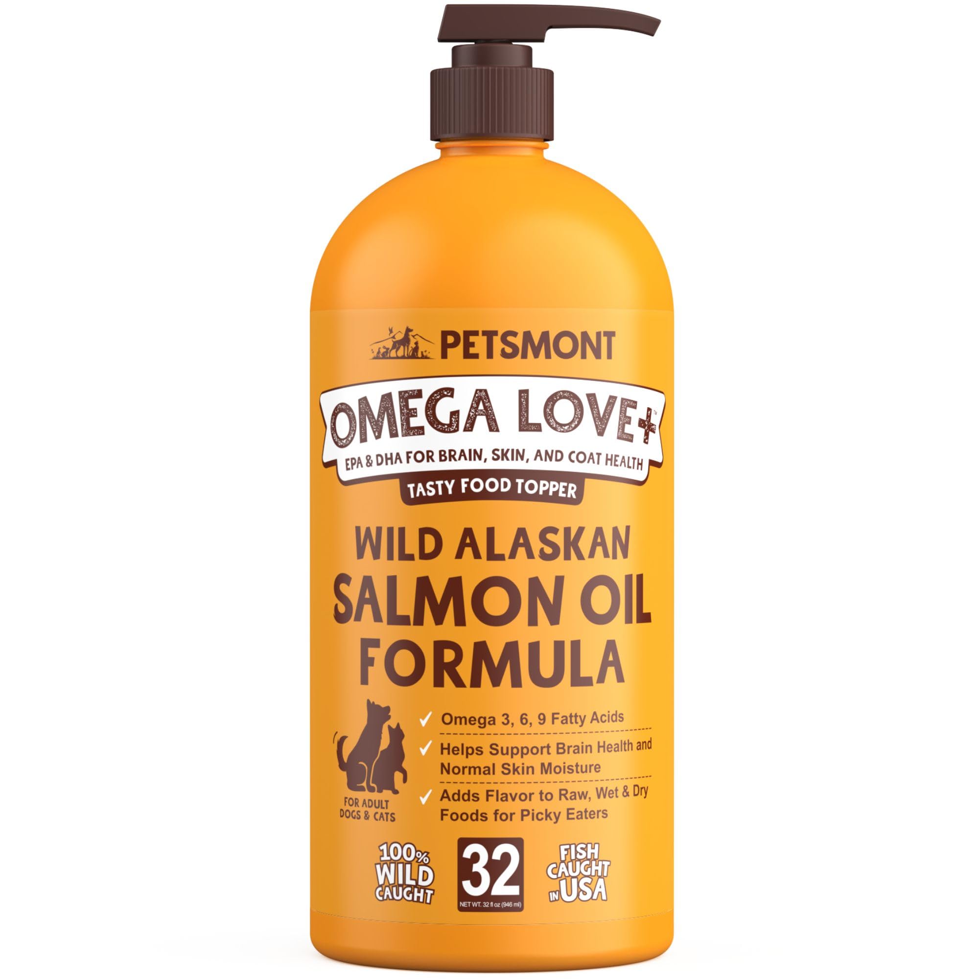Petsmont Omega Love, bouteille pompe saumon sauvage, soutien peau et pelage sain chez le chien.