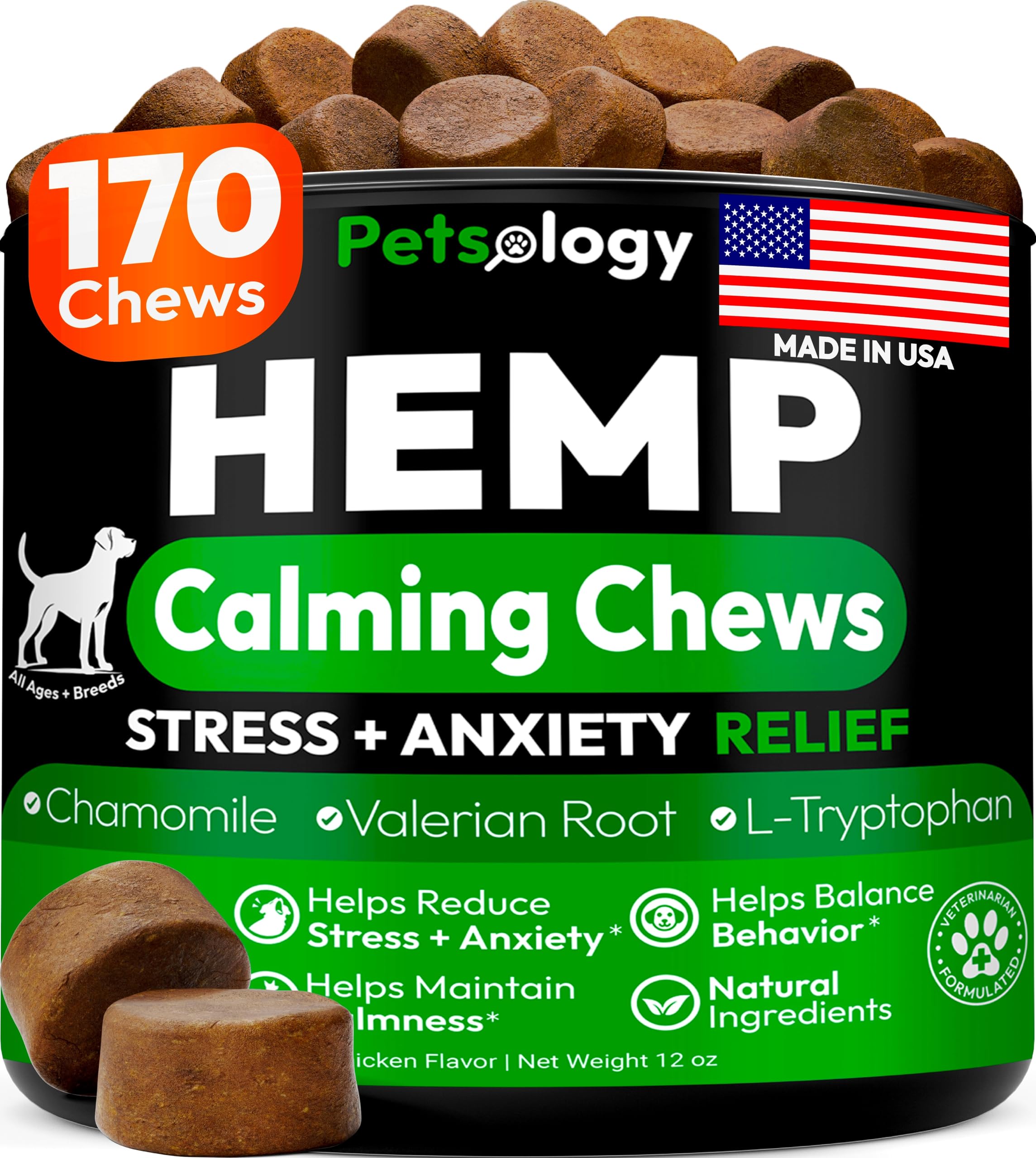 Friandises apaisantes Petsology en bouteille pour chien favorisant détente et bien-être.