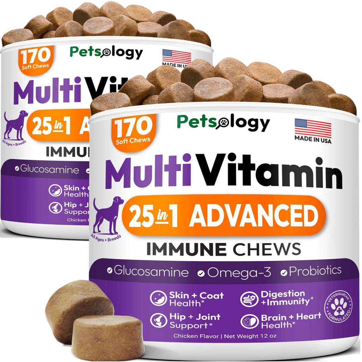 Petsology Chien Multivitamine : bouteille visible pour un apport quotidien pratique.