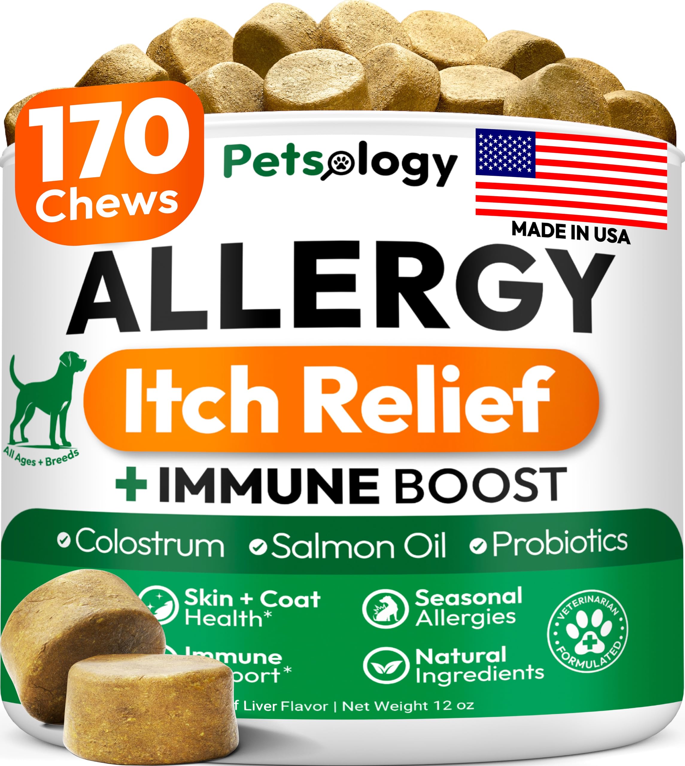 Petsology Dog Allergy Relief Chews en bouteille, pratique à administrer et potentiellement apaisante pour les démangeaisons.