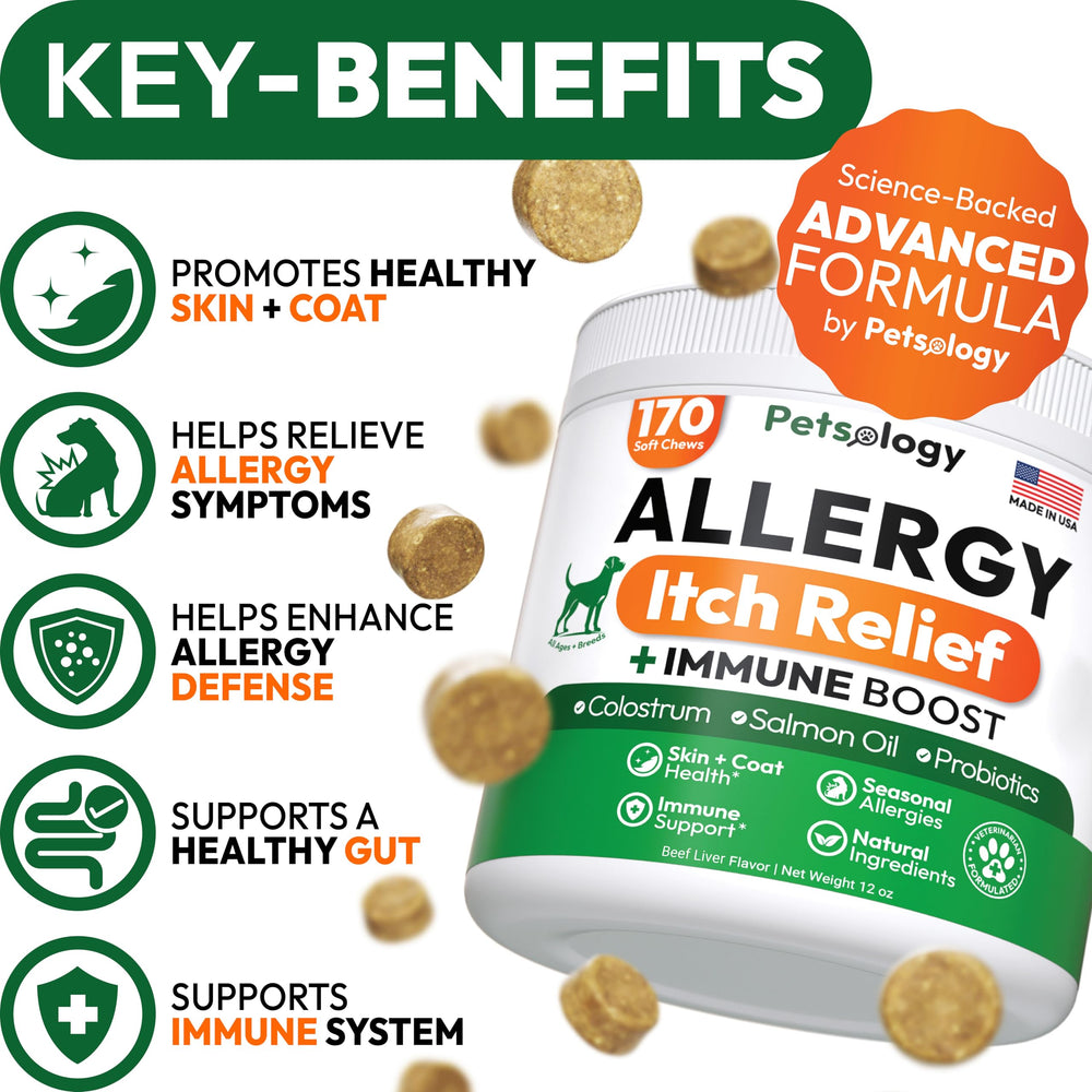 Petsology Dog Allergy Relief Chews, etiquette claire pour guider l utilisateur et le choix.