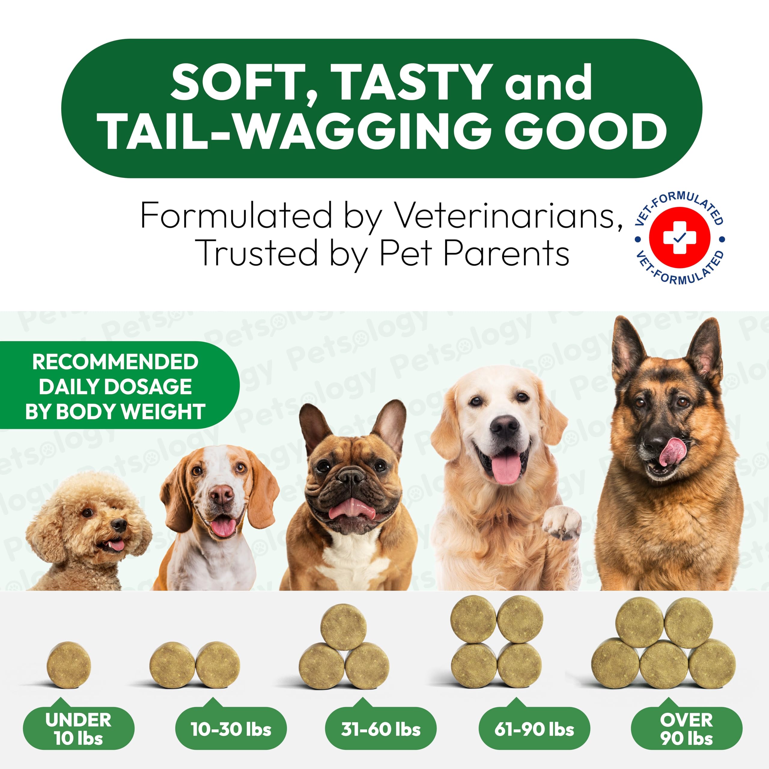 Petsology Dog Allergy Relief Chews, texture douce appréciée par les chiens difficiles.