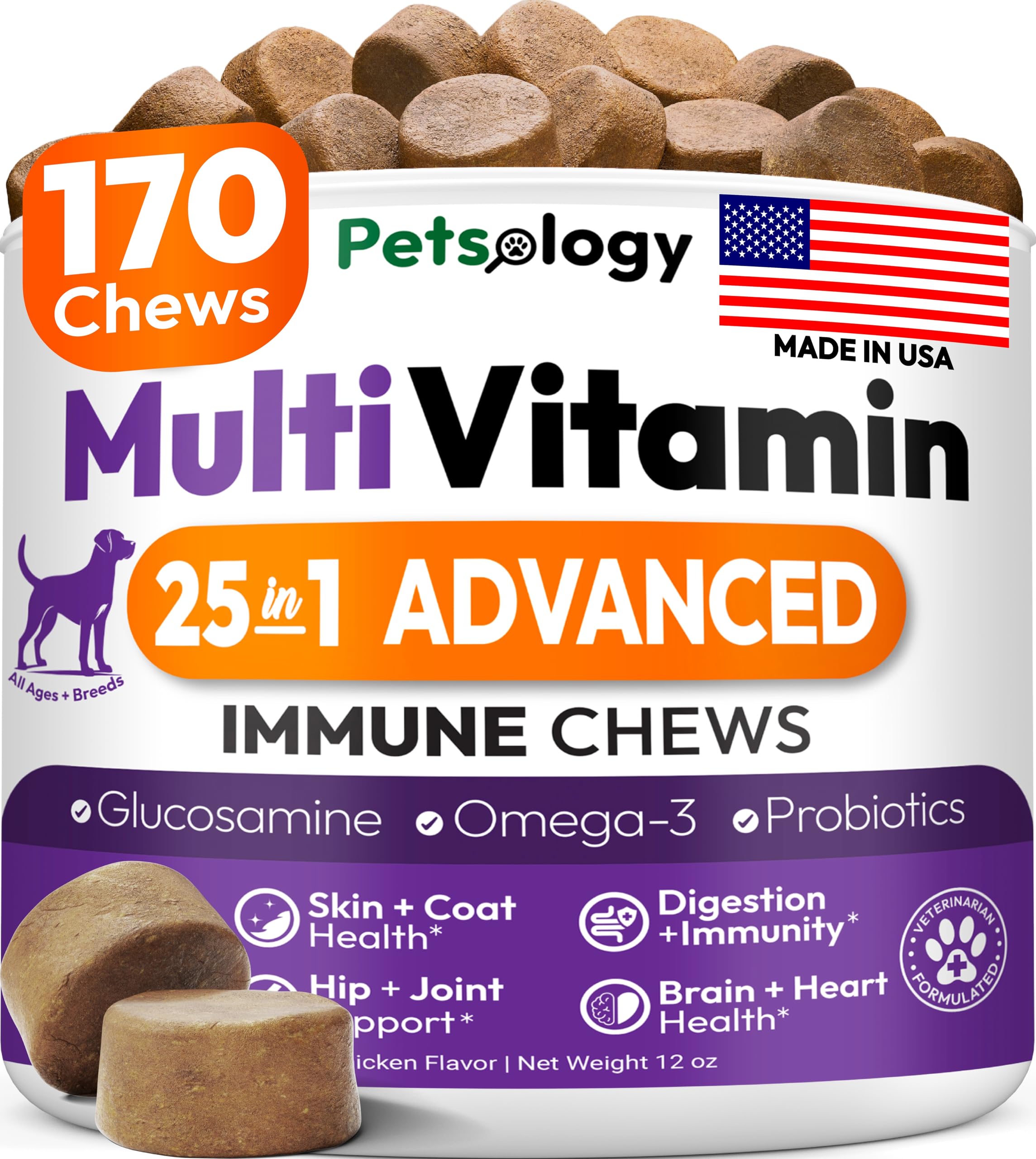 Petsology emballage multivitamine chien: pot pratique et facile à manipuler.