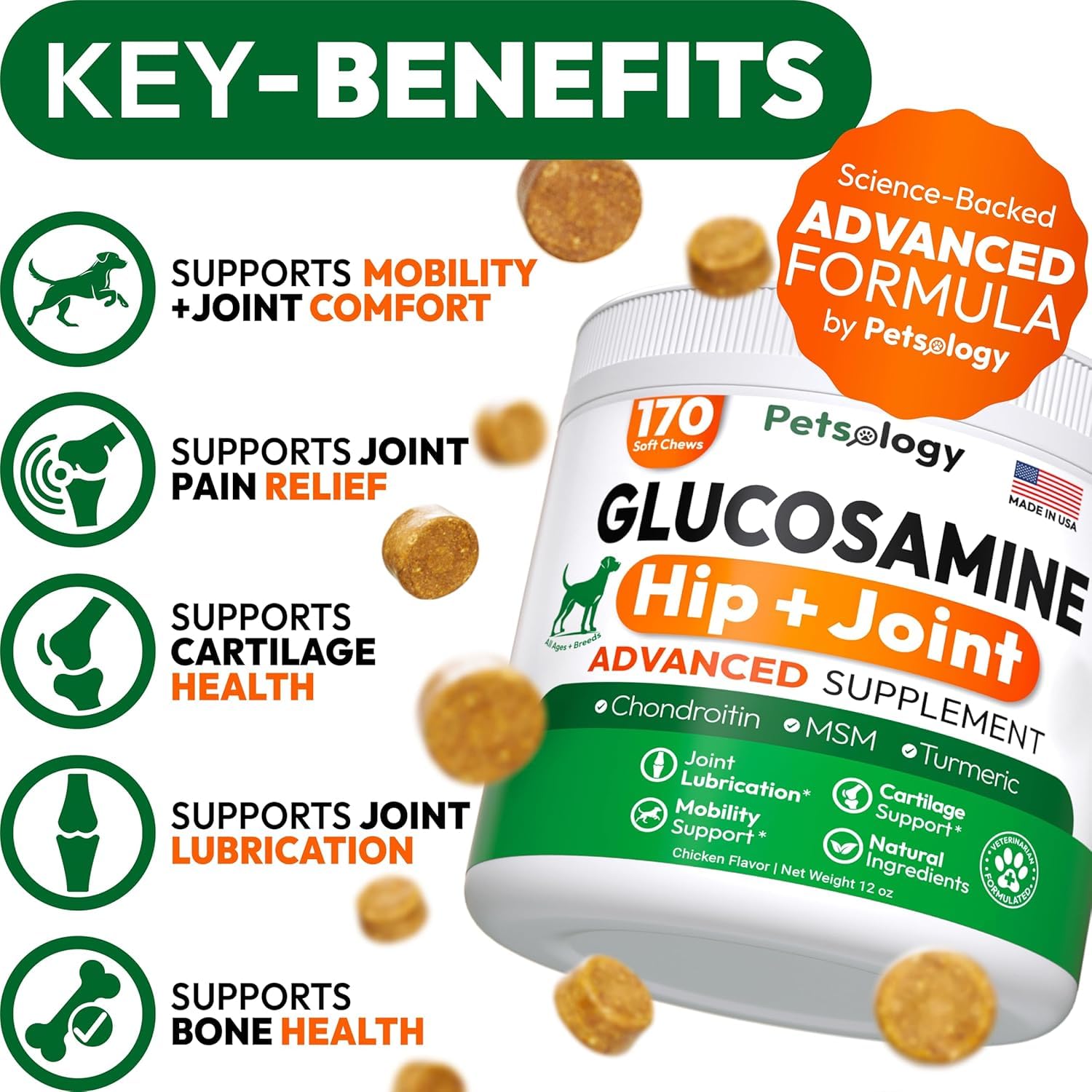 Petsology Glucosamine pour chiens – bouchées 340 mobilité, texture facile à donner