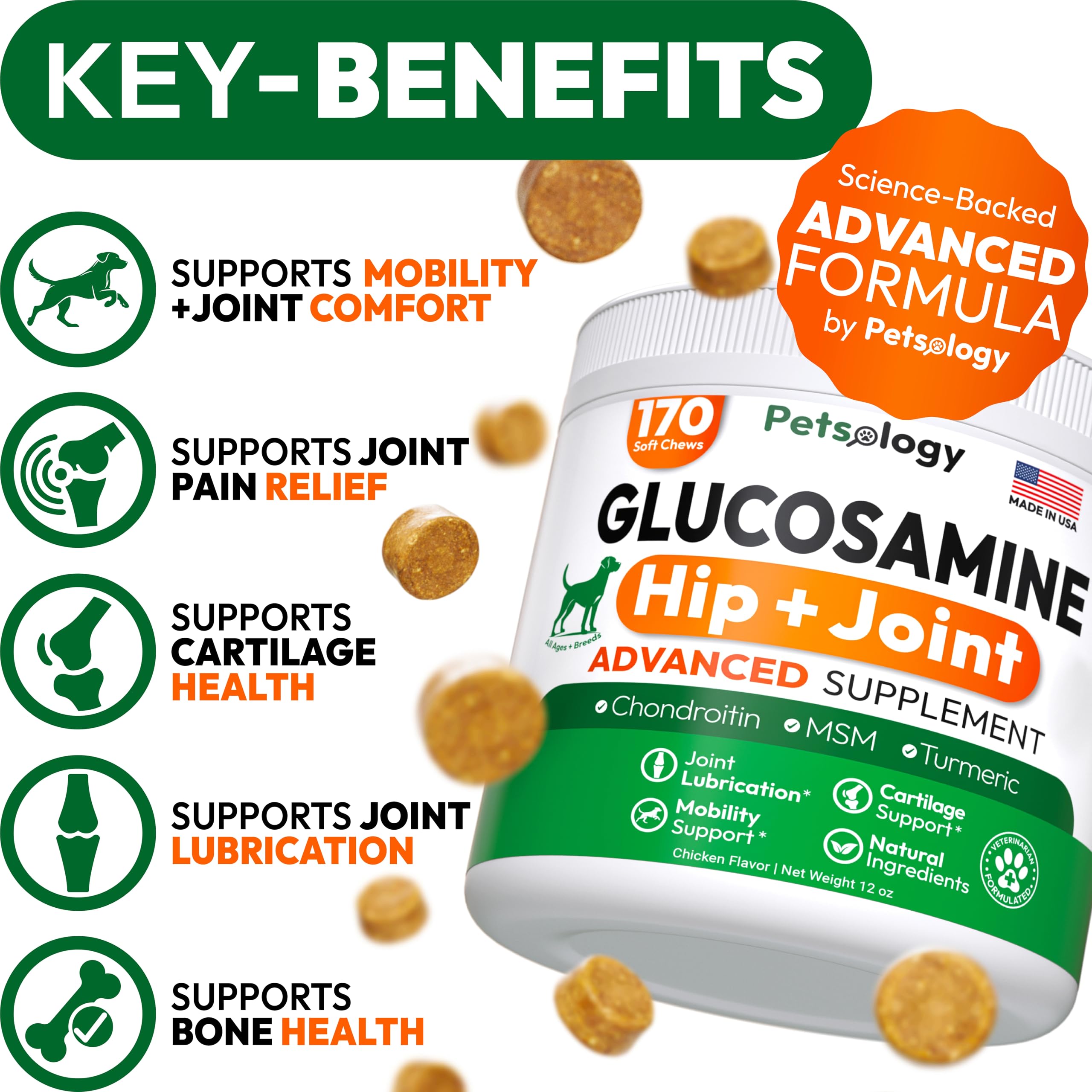 Friandises Petsology Glucosamine pour chiens: soutien potentiel à la mobilité.