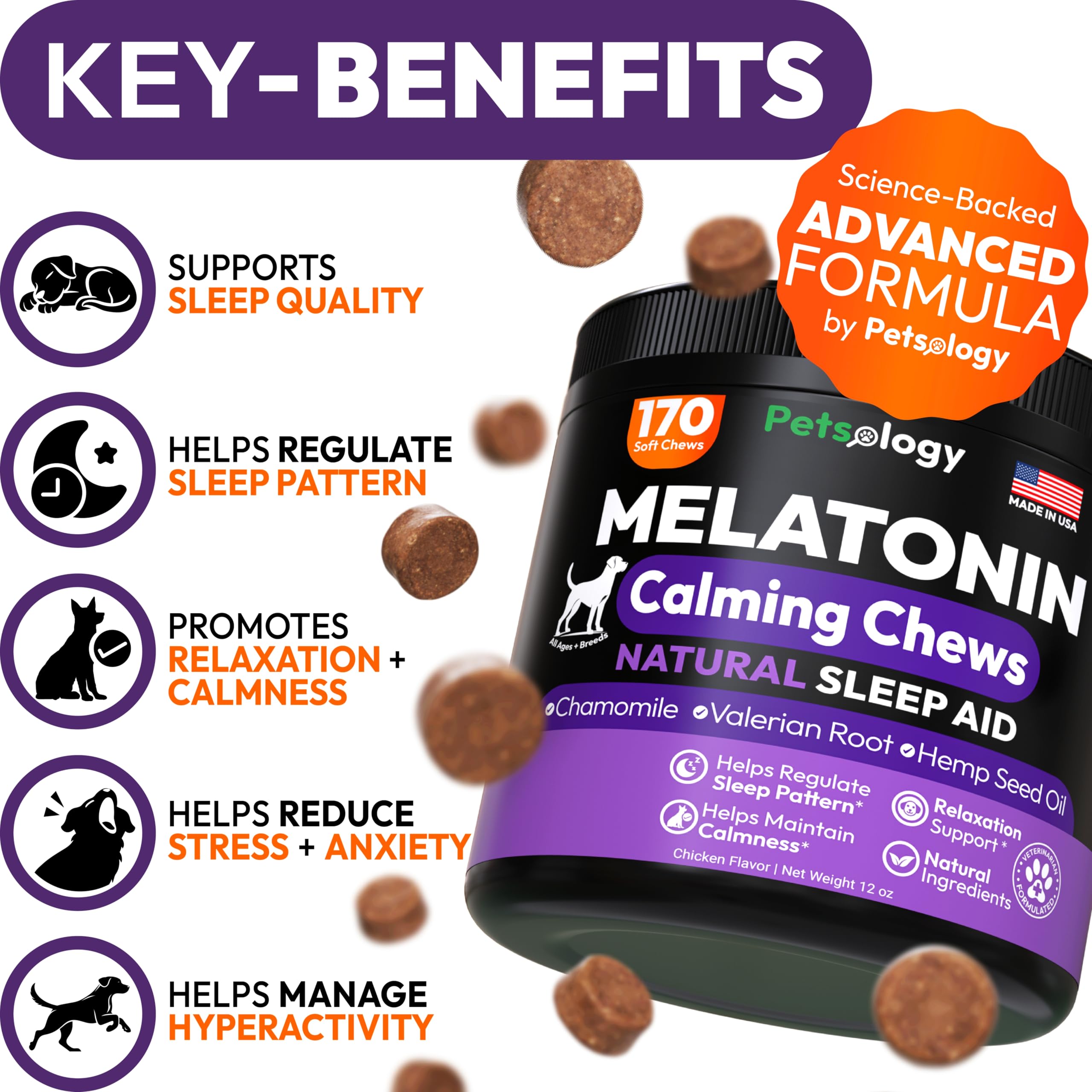 Petsology Mélatonine pour chien – bouchées faciles à prendre dans la main