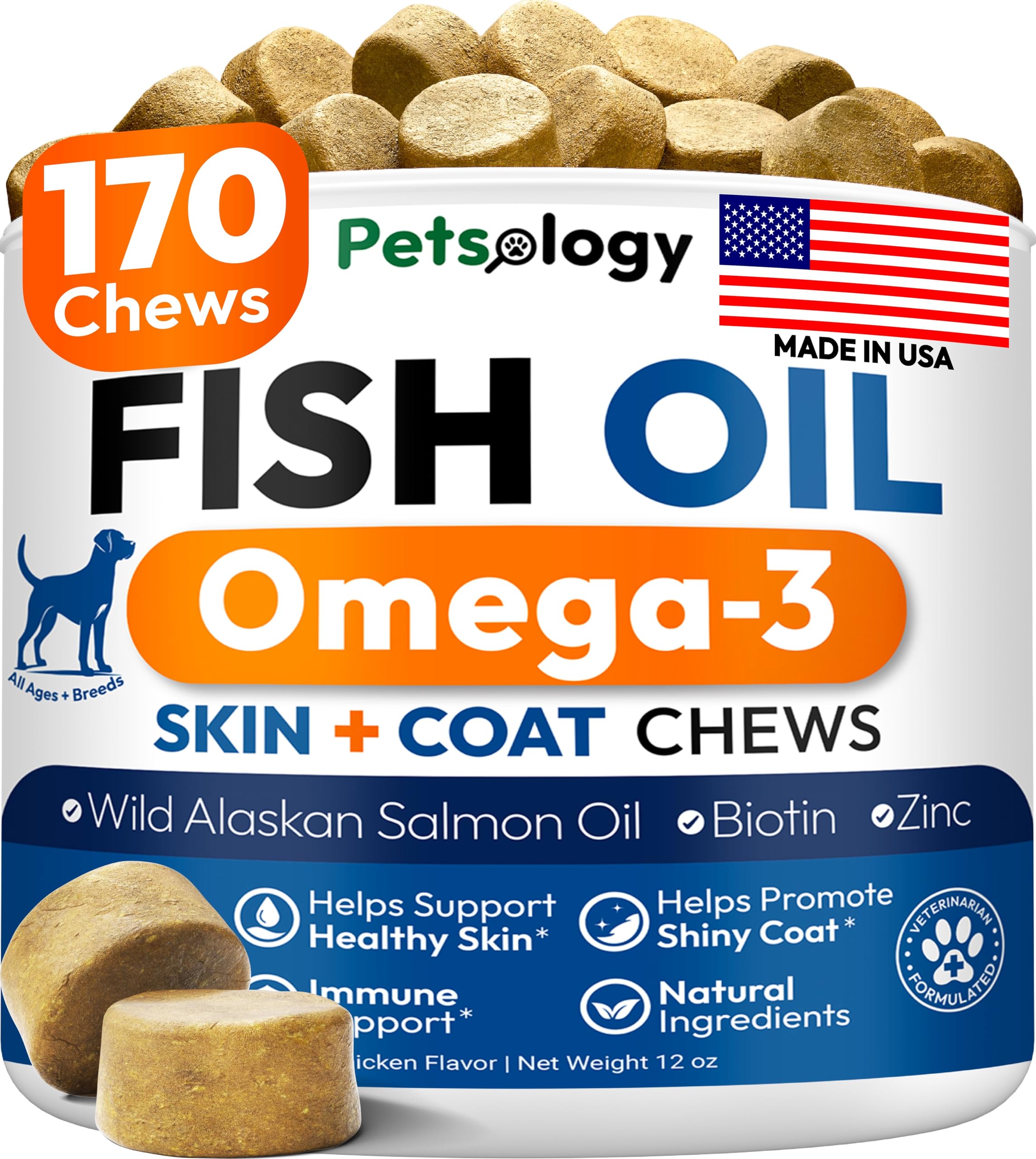 Petsology Omega-3 pour chien – friandises en bouteille pour peau saine et pelage brillant.