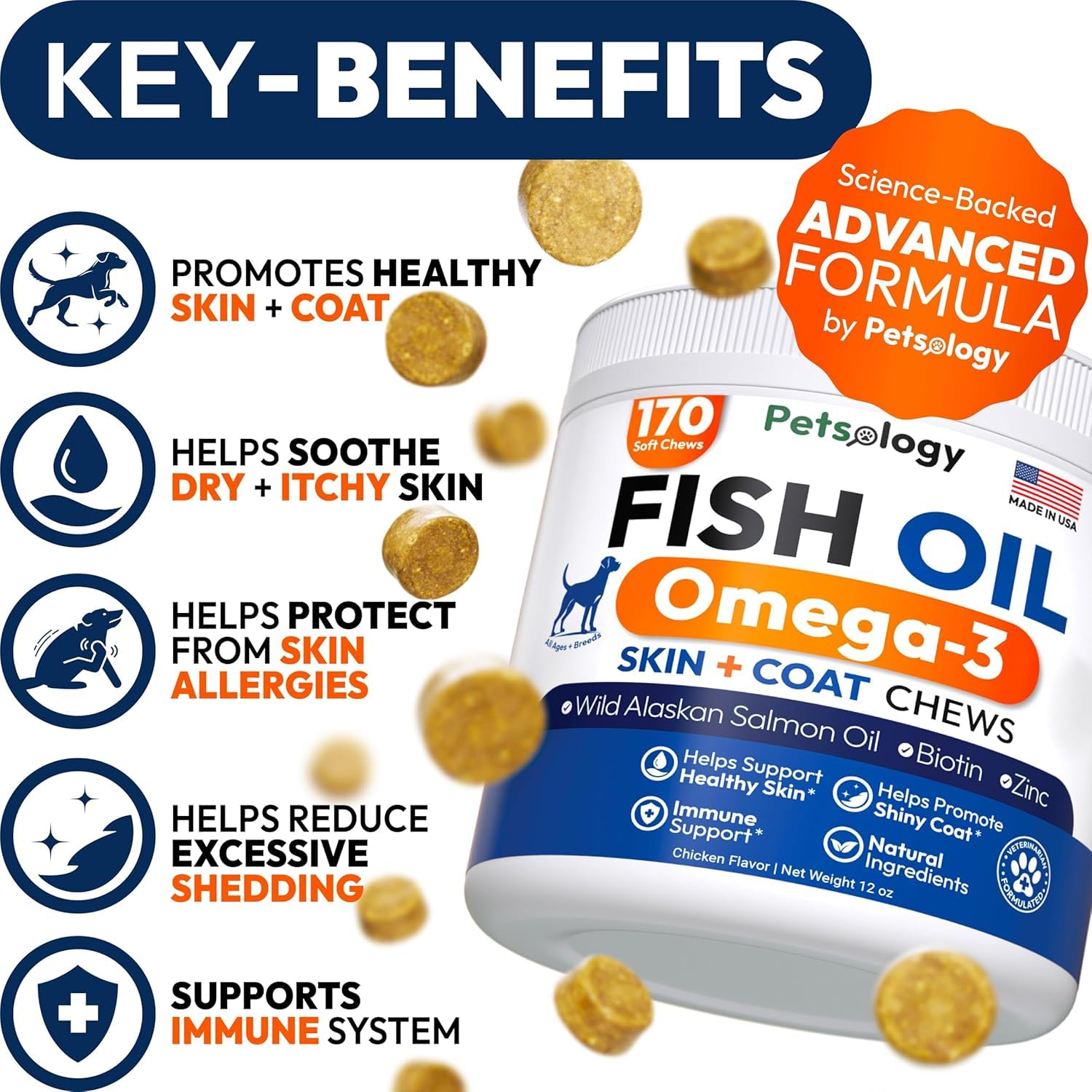 Petsology Omega-3 pour chien – pelage lustré et peau hydratée grâce aux oméga-3.