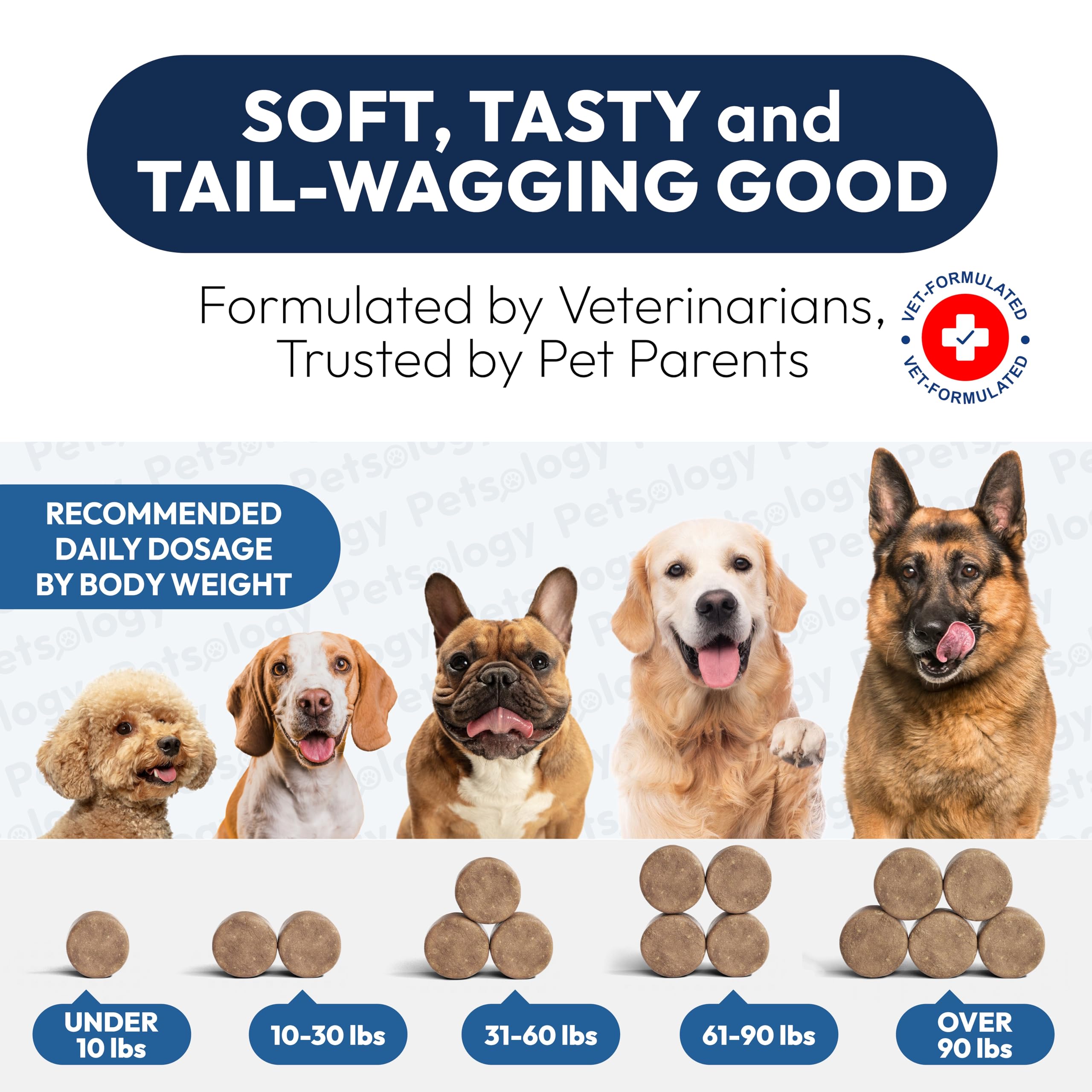 Petsology Probiotiques chiens — présentoir lisible pour les portions recommandées.