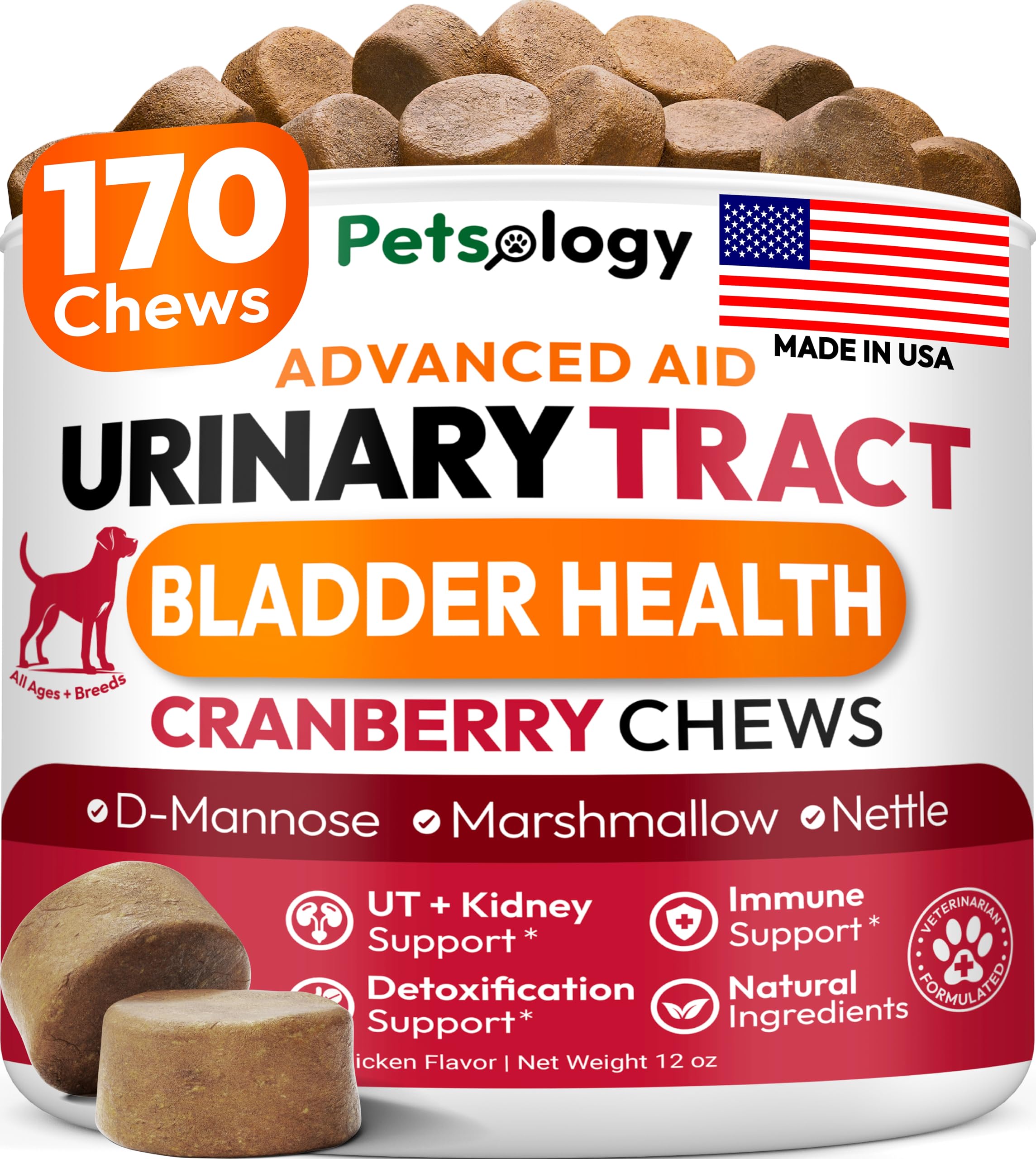 Petsology bouchées chien, emballage bouteille, soutien potentiel santé urinaire.