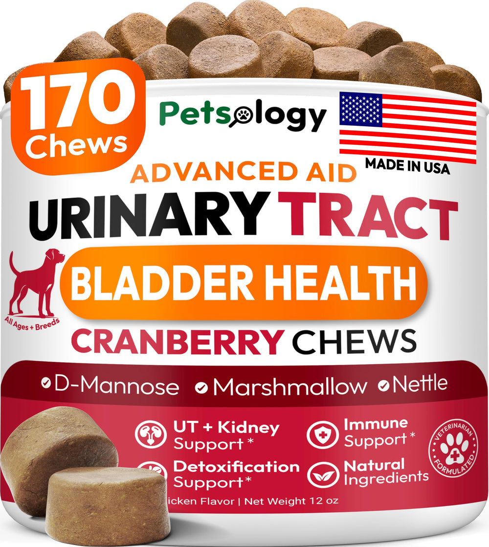 Petsology bouchées chien, emballage bouteille, soutien potentiel santé urinaire.