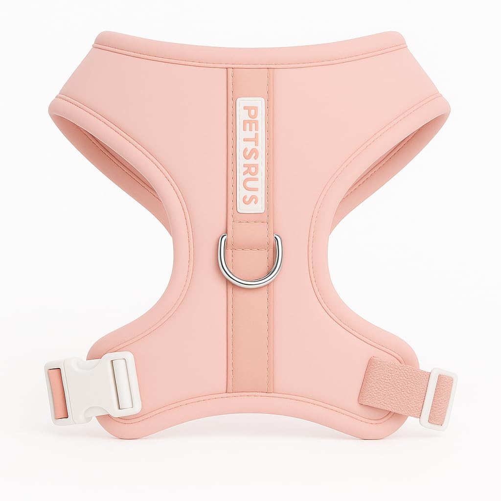 Harnais PETsRUS anti-pull en néoprène rose avec clips avant pour traction maîtrisée.