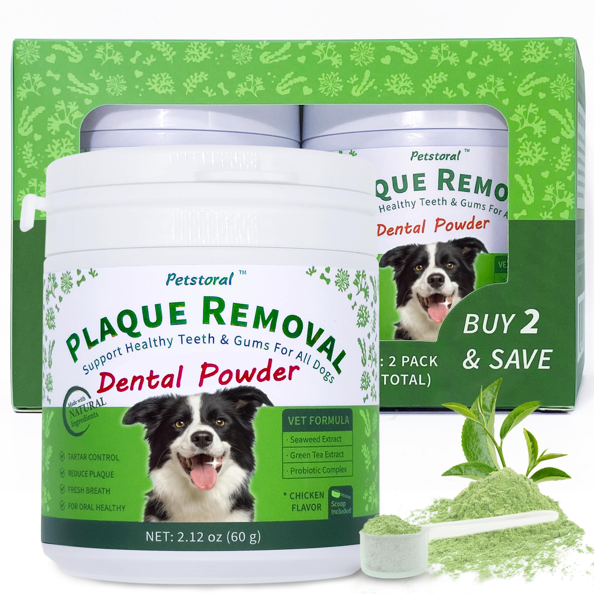 Emballage Petstoral en duo, poudre dentaire antitartre, pratique pour chiens.