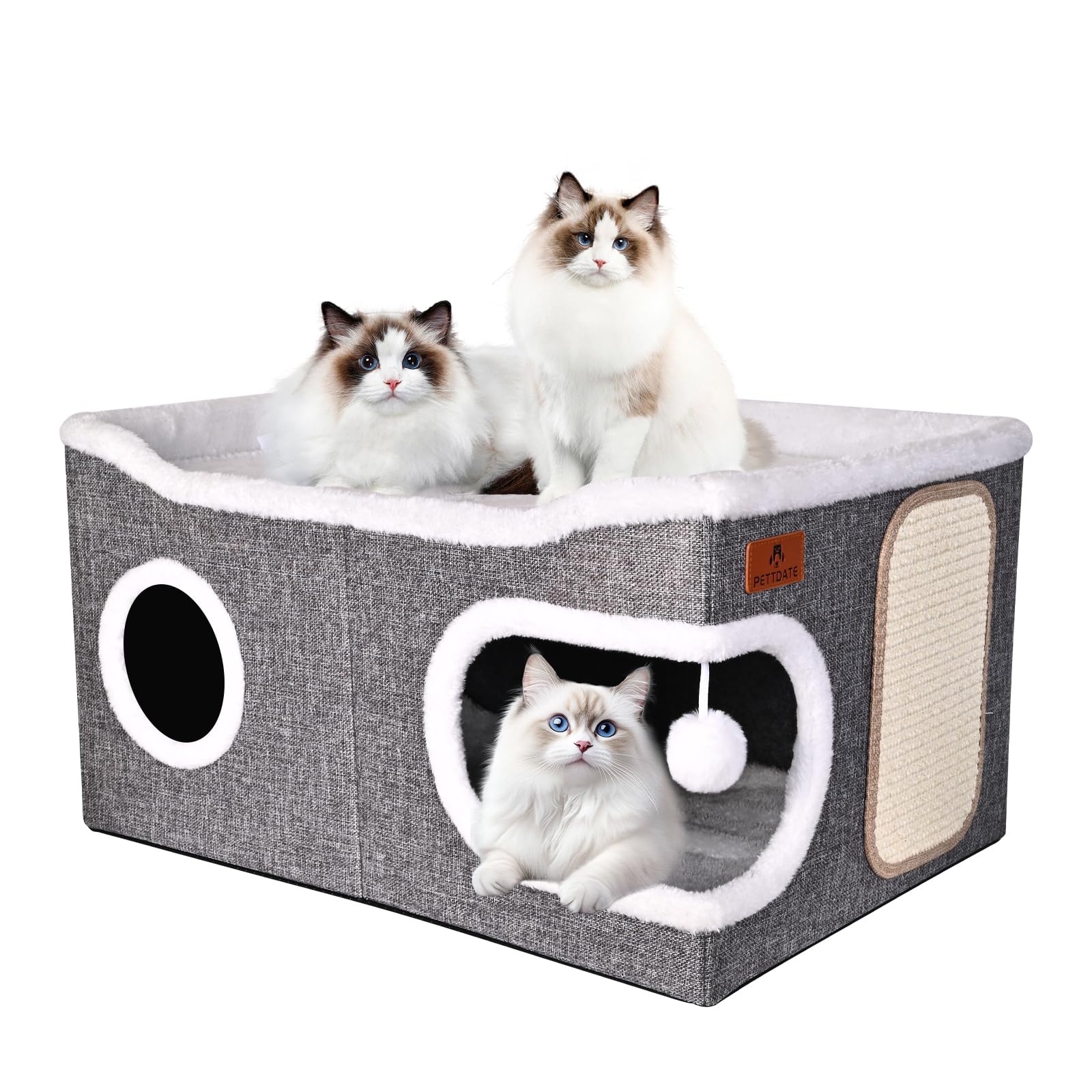 PETTDATE lits extras-larges pour chats, vue d'ensemble avec caverne et plateau ouvert.
