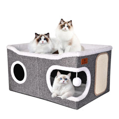 PETTDATE lits extras-larges pour chats, vue d'ensemble avec caverne et plateau ouvert.